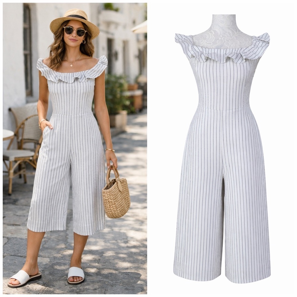 English Factory Striped Ruffled Cropped Leg Jumpsuit S Sleeveless Smock Coastal